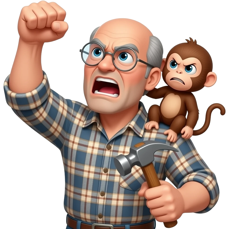 Angry old man with a plaid shirt with silver round glasses balding, no beard or mustache yelling at the sky and shaking his fist angrily at the sky holding a hammer in his LEFT hand and a angry baby monkey on his shoulder. emoji