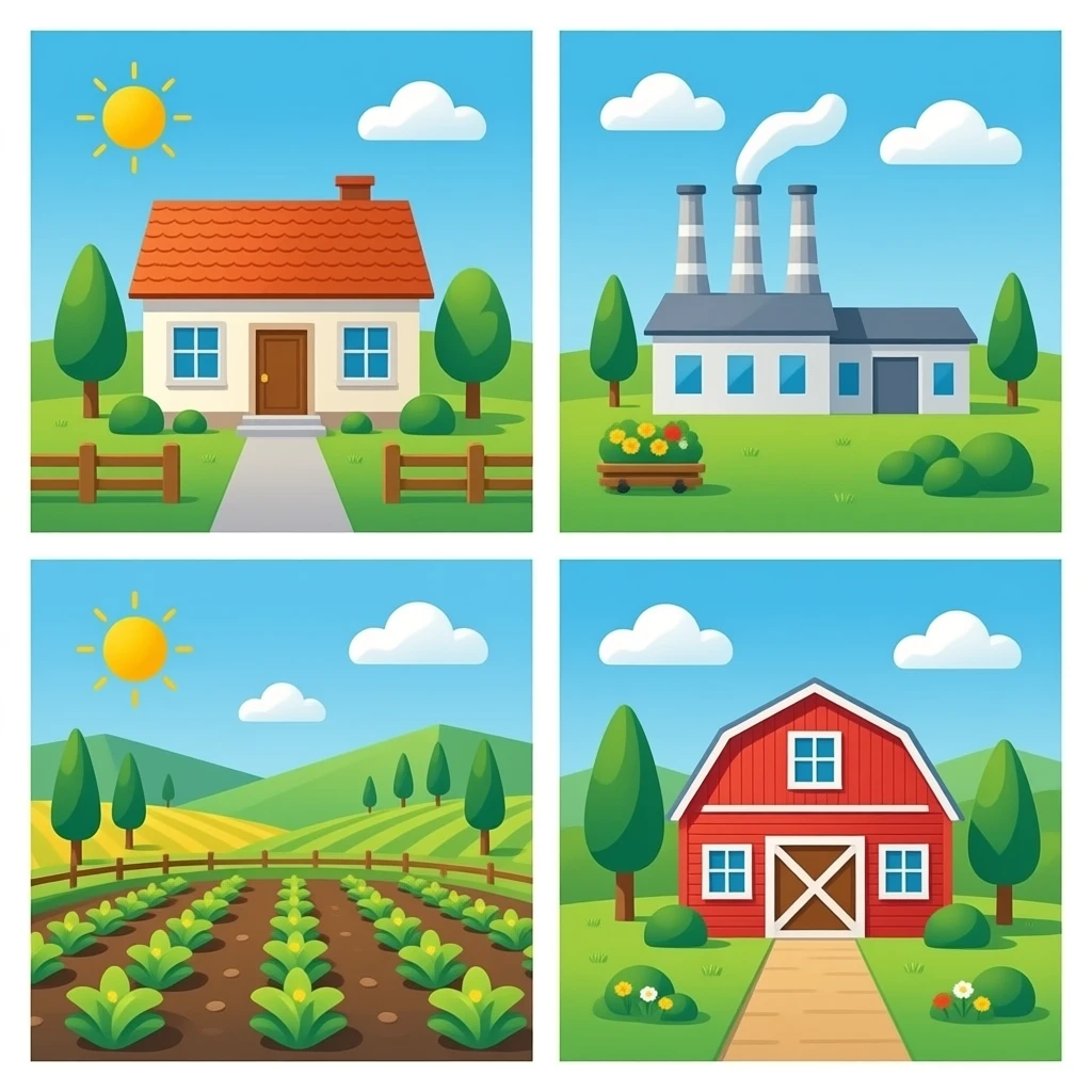 Collage of a house, factory, farm, plot emoji