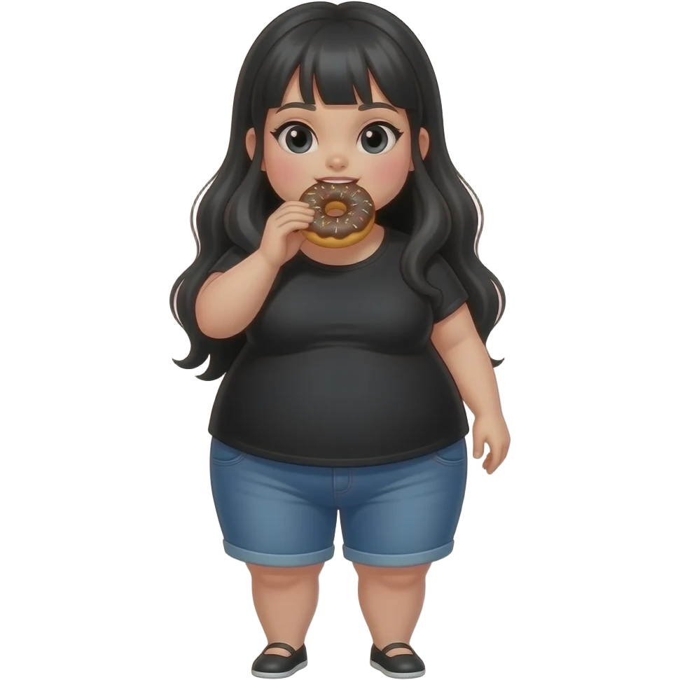 Fat girl full body with long black hair and dark eyes wearing black and eating a donut emoji
