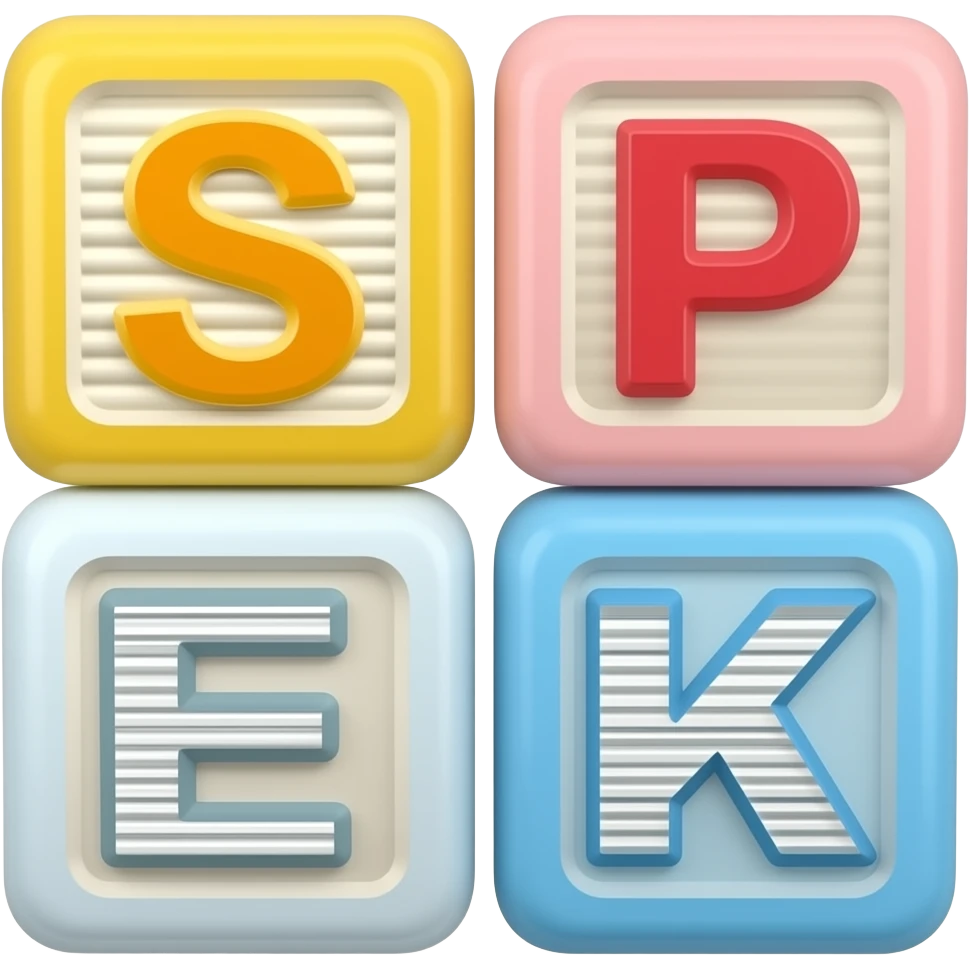 Five children's blocks forming the word "SPEAK" emoji