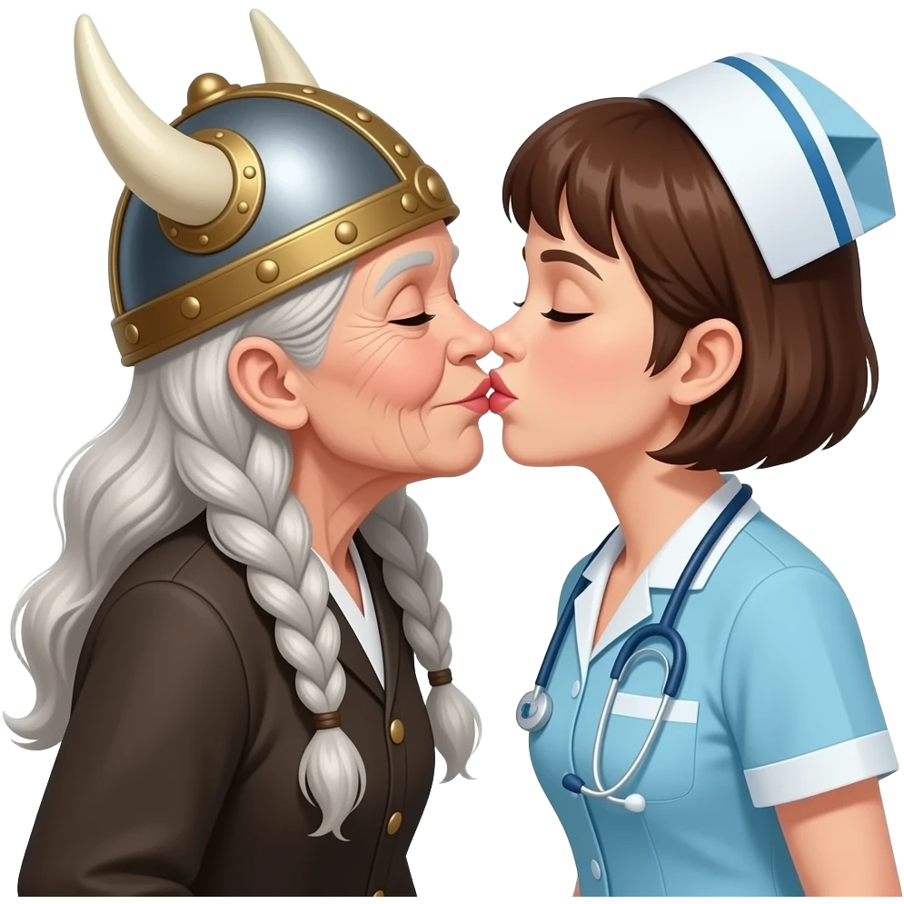 Viking hat silver braids old woman kissing old nurse pixie haircut brunette kissing on lips emoji