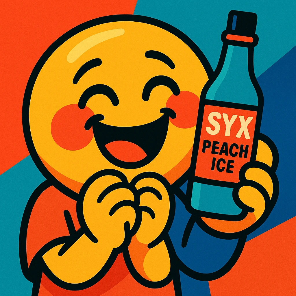 smiling emoji with blushing cheeks, cute begging face, holding a bottle labeled 'Syx Peach Ice', laughing, vibrant toon style emoji