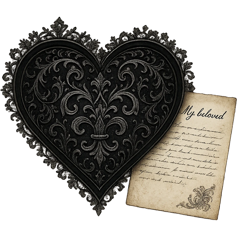 romantic goth heart with lace and a love letter, gothic style, black and silver, elegant emoji