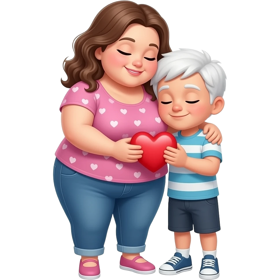 crea un emoji de una gorda no tan blanca cabello ondulado , abrazando a un blanquito y este corazón 💘 , a cuerpo completo los dos emoji