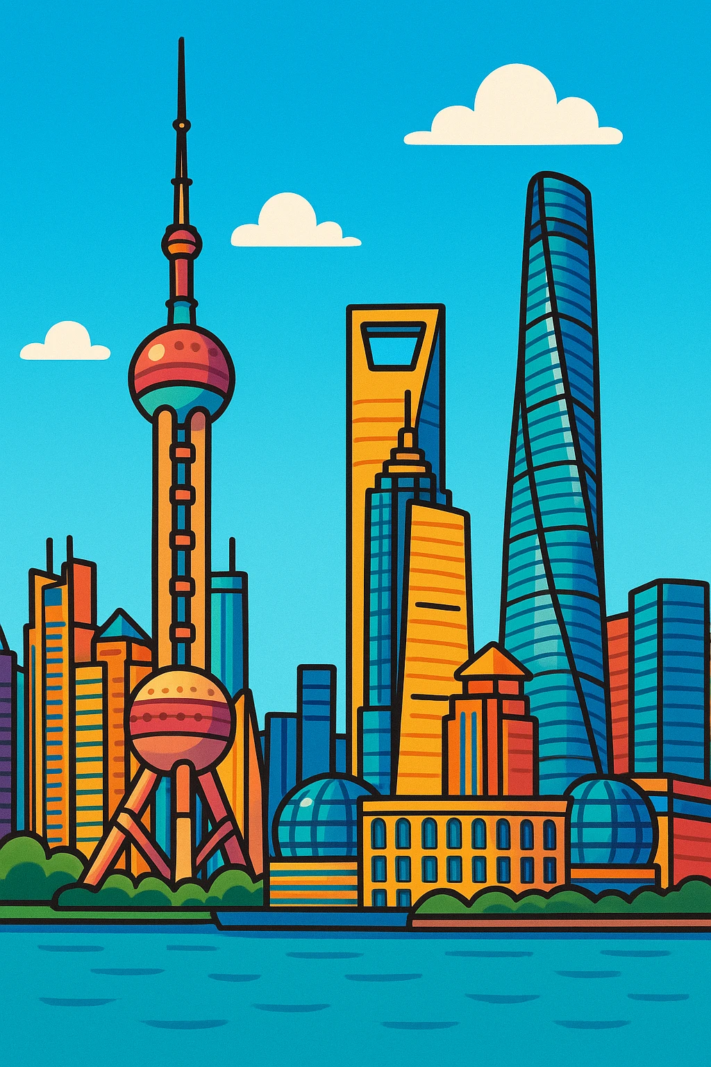 Shanghai city skyline, modern illustration style, vibrant colors, iconic skyscrapers, clear sky emoji