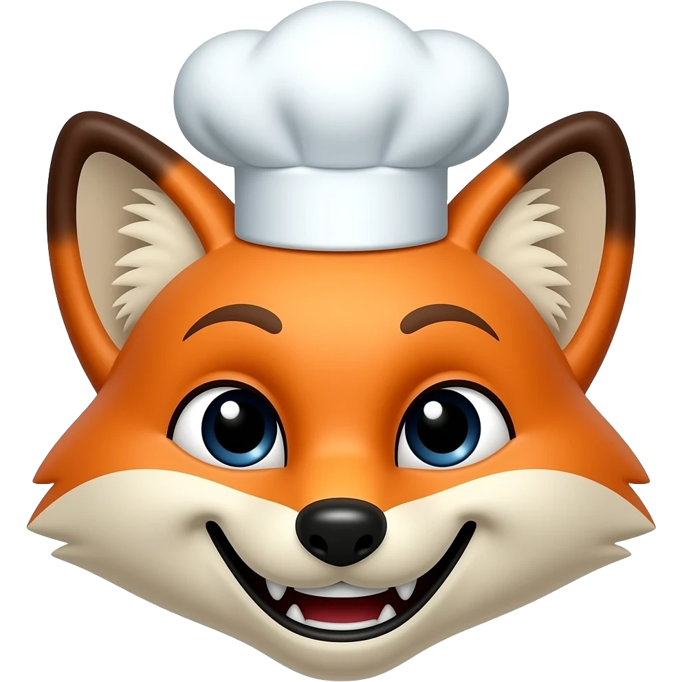 Feral Kitchen & Lounge: pixar style 3D emoji style, glossy surface, soft shadows, white background, centered, no text, wild fox character, chef hat, mischievous grin just head and face emoji