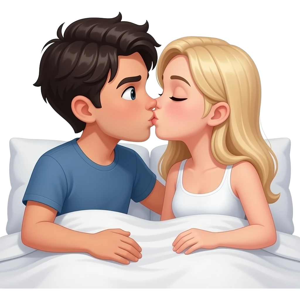 que el chico sea blanco y pelo morocho besandose muy fuerte en la cama com una chica rubia blanca emoji
