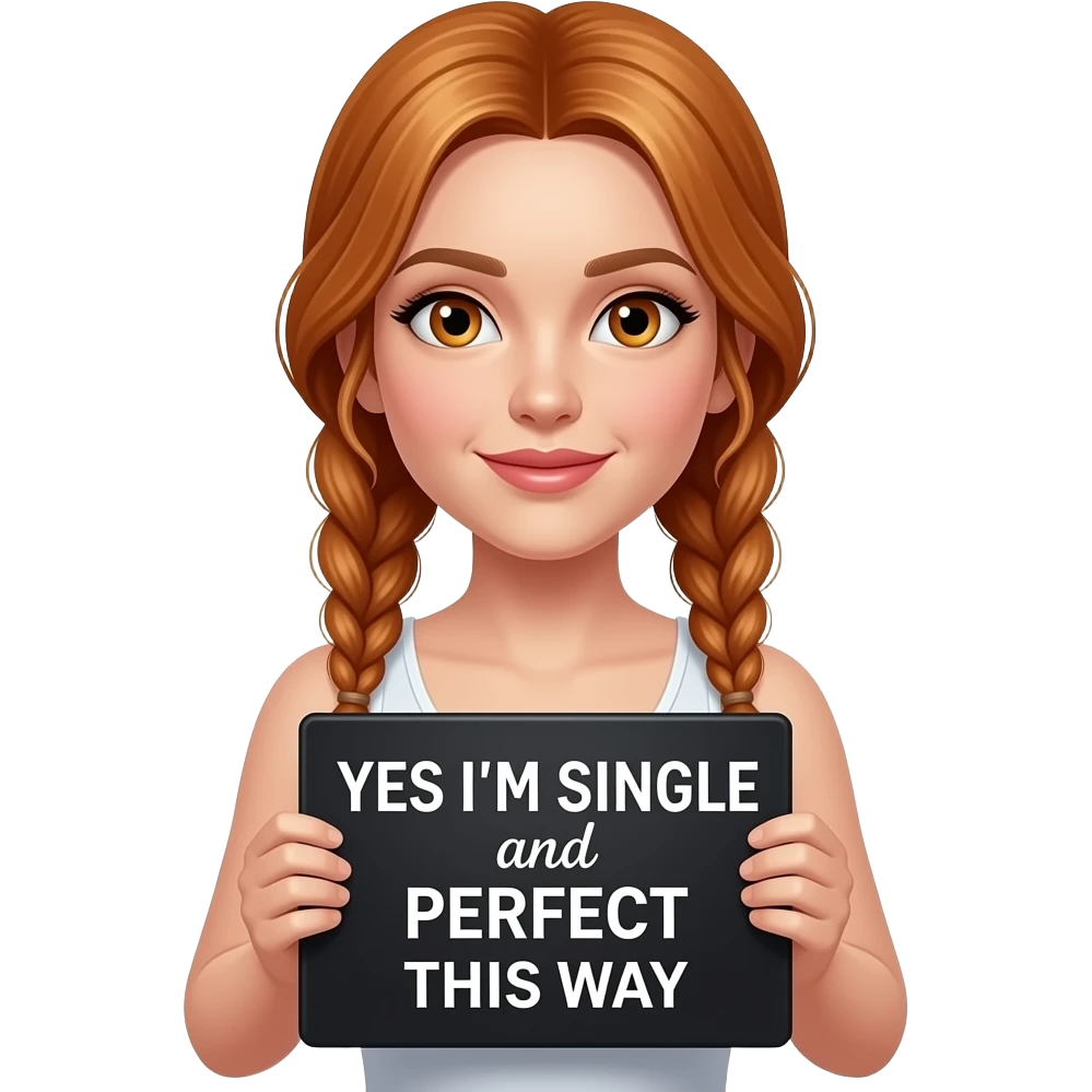 sexy girl with long ginger braids and ginger eyes wearing a white tanktop is holding a black sign with YES I'M SINGLE and PERFECT THIS WAY written on it emoji