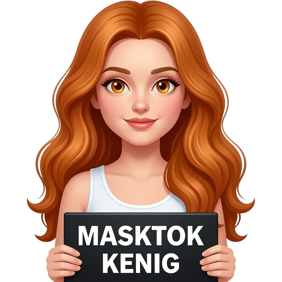 sexy girl with long wavy ginger hair and ginger eyes wearing a white tanktop is holding a black colored sign with MASKTOK KENIG written on it emoji