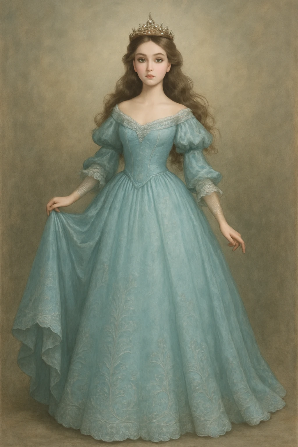 full body elegant princess wearing a baby blue dress, detailed, soft lighting emoji