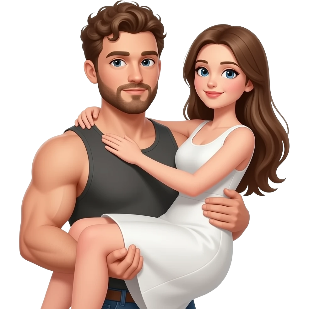 Realistic white skin brown short curly hair with beard muscular man carrying white skin long straight brown hair girlfriend wearing aesthetic dress HD emoji