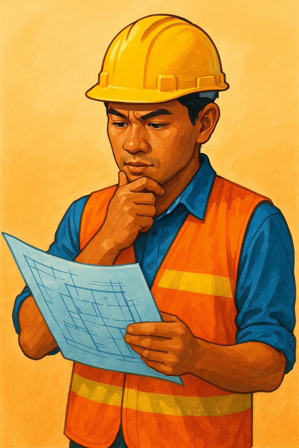 Сгенерируй мне индонезийца в чуть рисованном стиле, в каске и с чертежом в руках. По пояс. На однородном фоне. Он строитель и смотрит в чертеж и думает. Ярко, красиво, красочно emoji