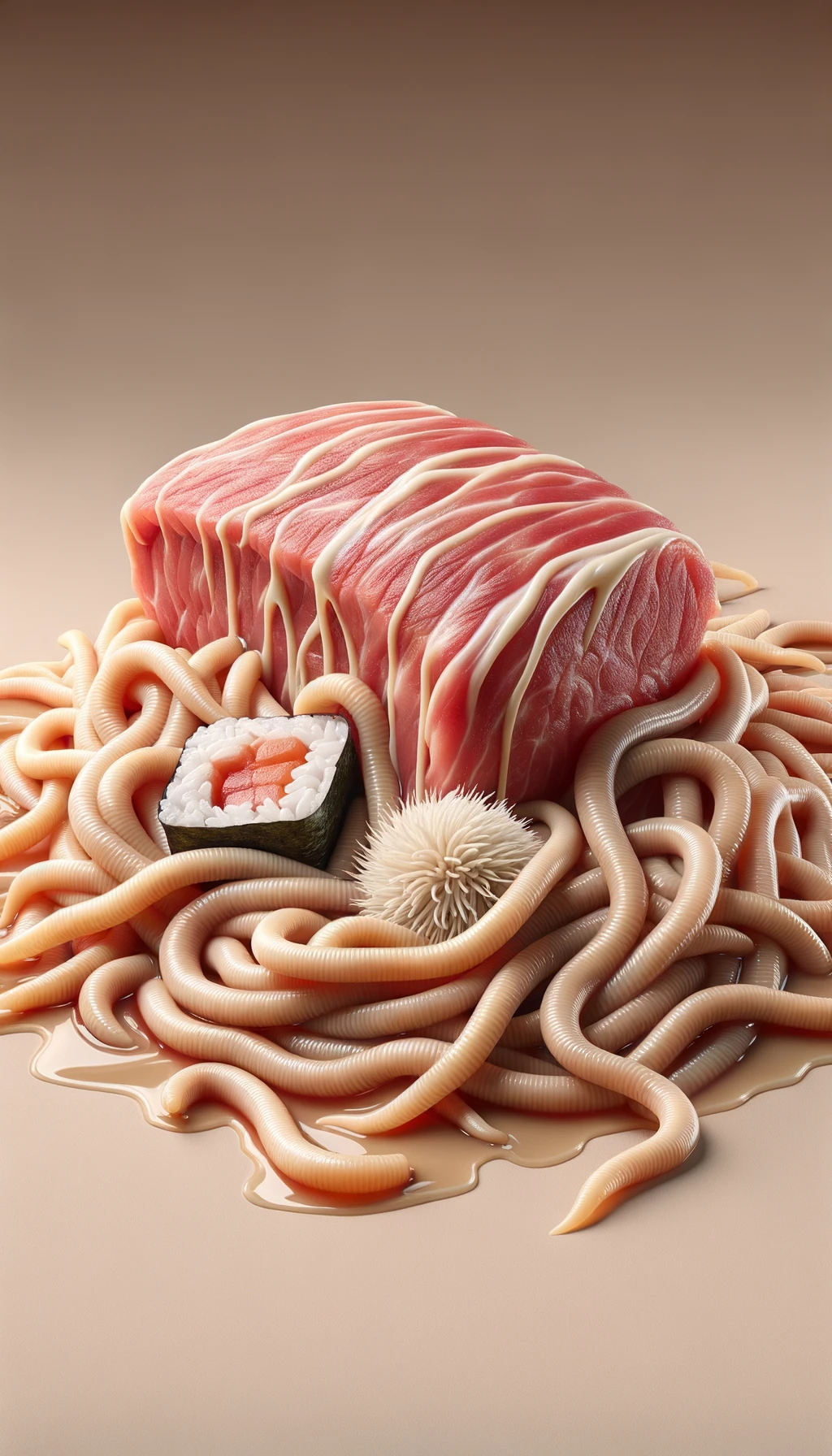 carne cruda fluttua insieme a sushi, intorno a loro fluttuano vermi lunghi e beige chiaro, sfondo neutro chiaro, iperrealistico 4k emoji