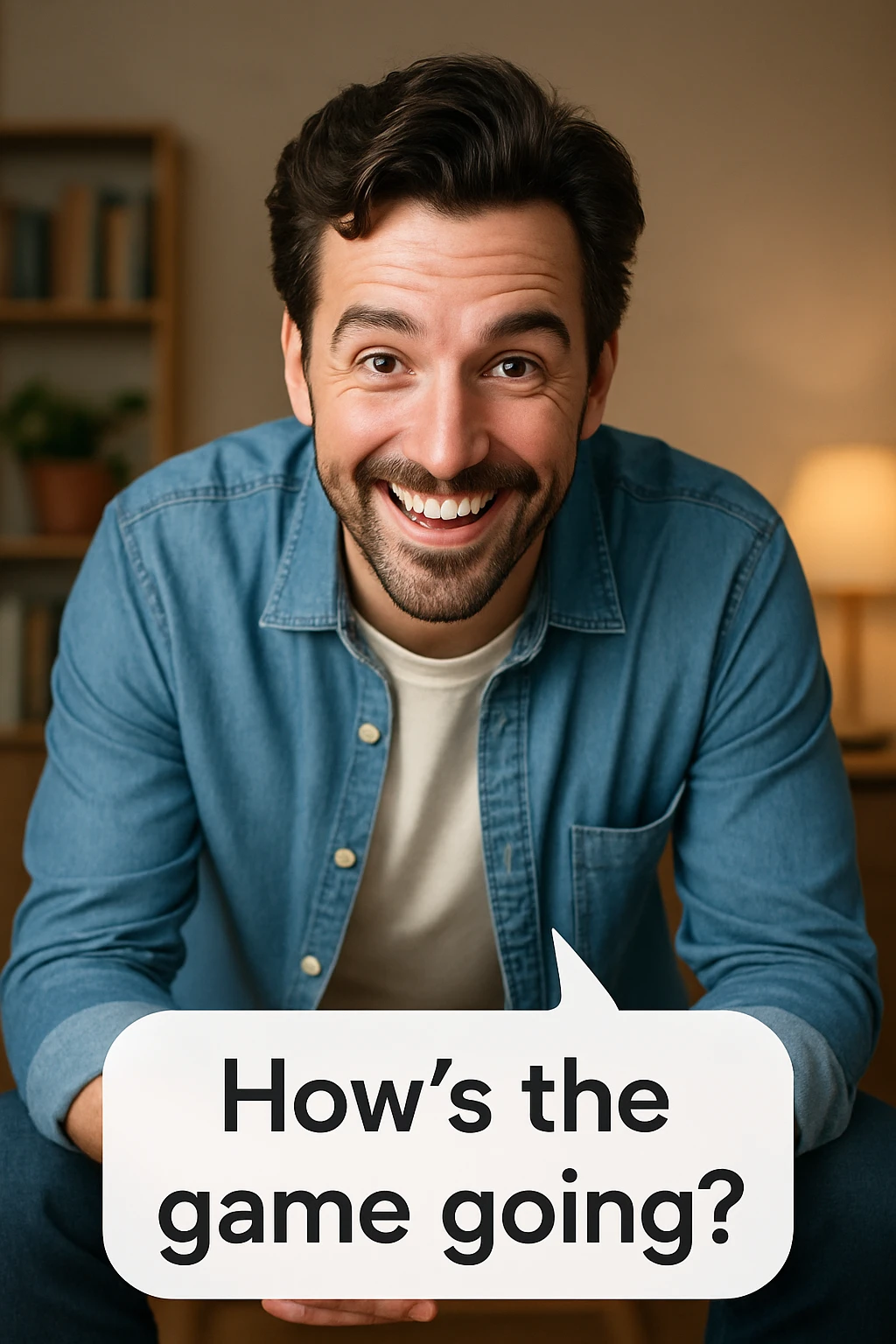 a charismatic man leaning forward, smiling and asking 'How's the game going?' with a playful expression emoji