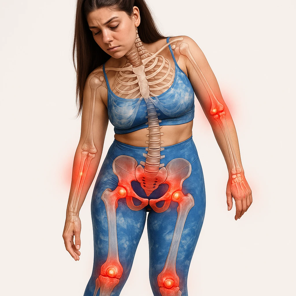 3D realistic style illustration of a woman with asymmetric postural problems and tilted pelvis, inflammation represented by glowing red effects on joints, anatomical details, white background. emoji