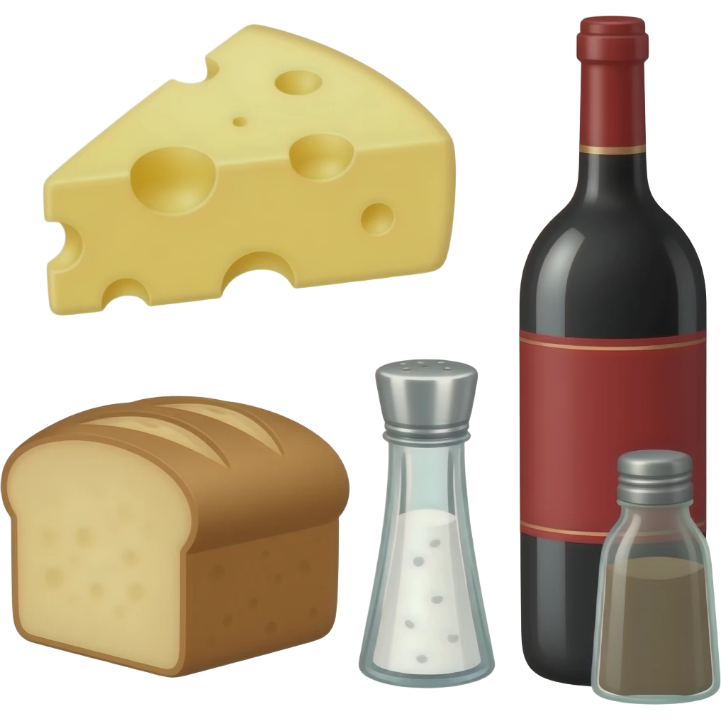 Käse-Brot-Rotwein Flasche salz Pfeffer emoji