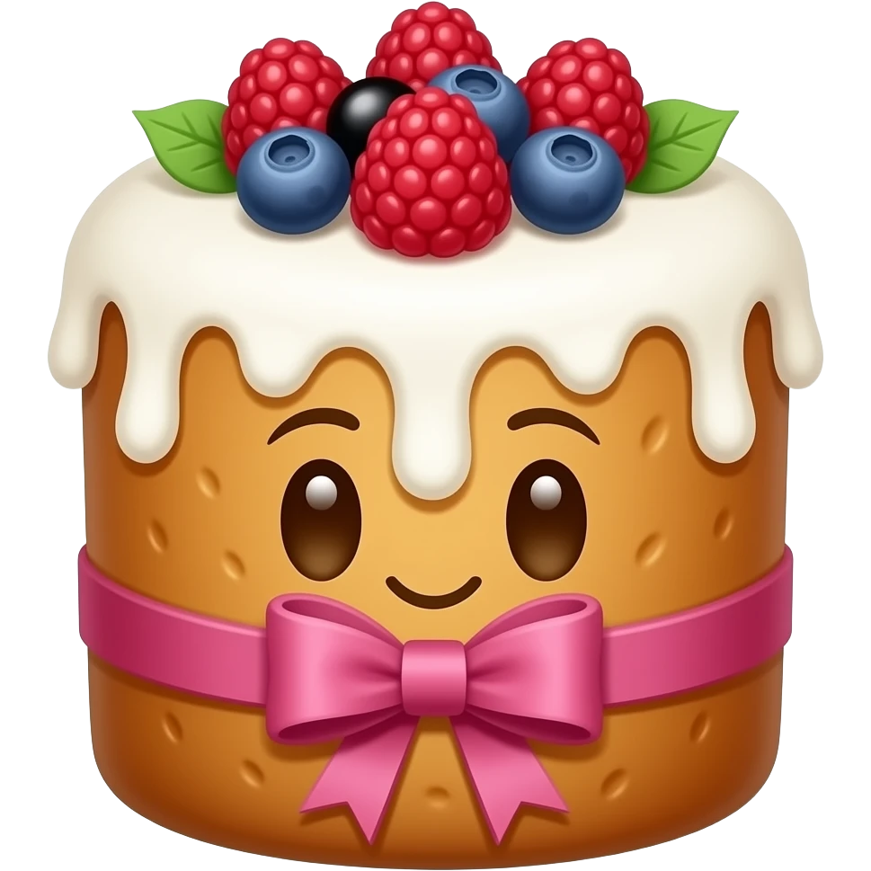 Веселый панеттоне золотистого цвета, высокий,  с овальными глазами и ресницами, с белой глазурью и украшением сверху из ягодок малины, грозди смородины красной черной, черники, зелеными лепестками, с розовой ленточкой emoji