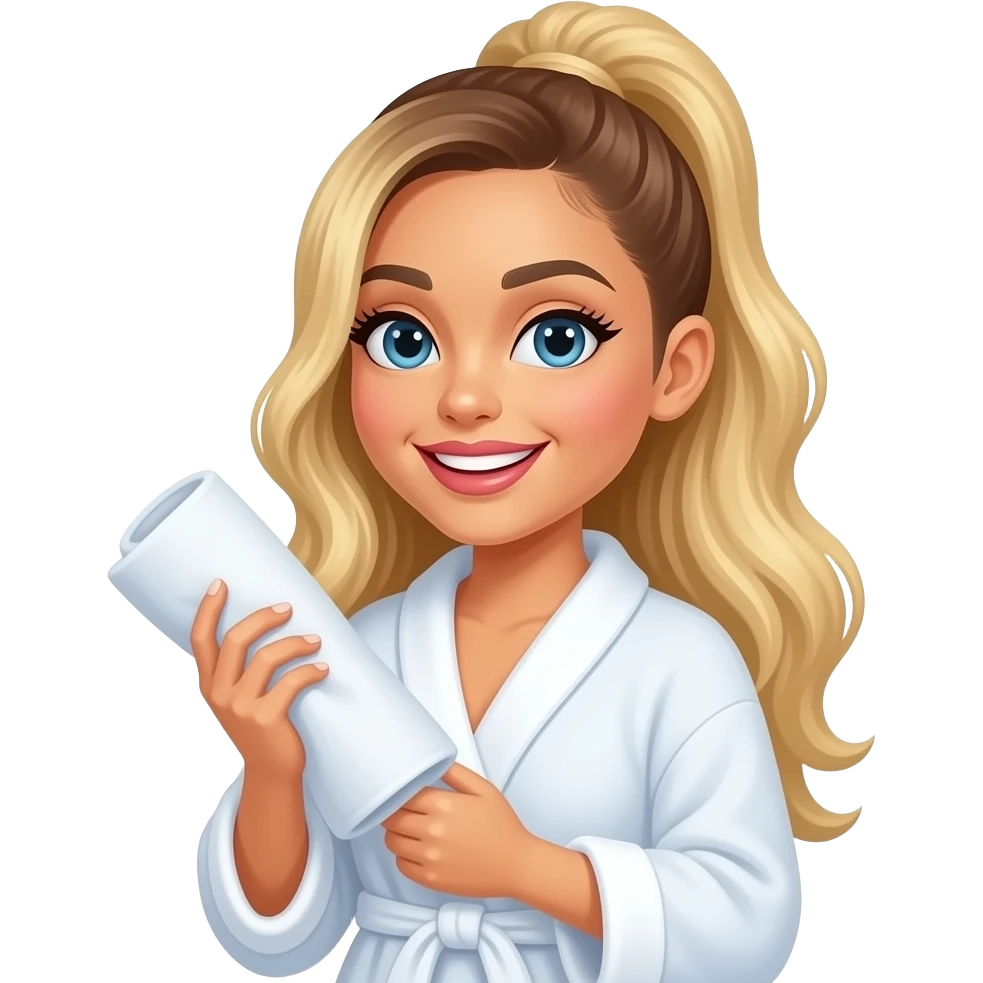 Apple emoji style Ariana grande in bath robe with hair towel blonde hair emoji