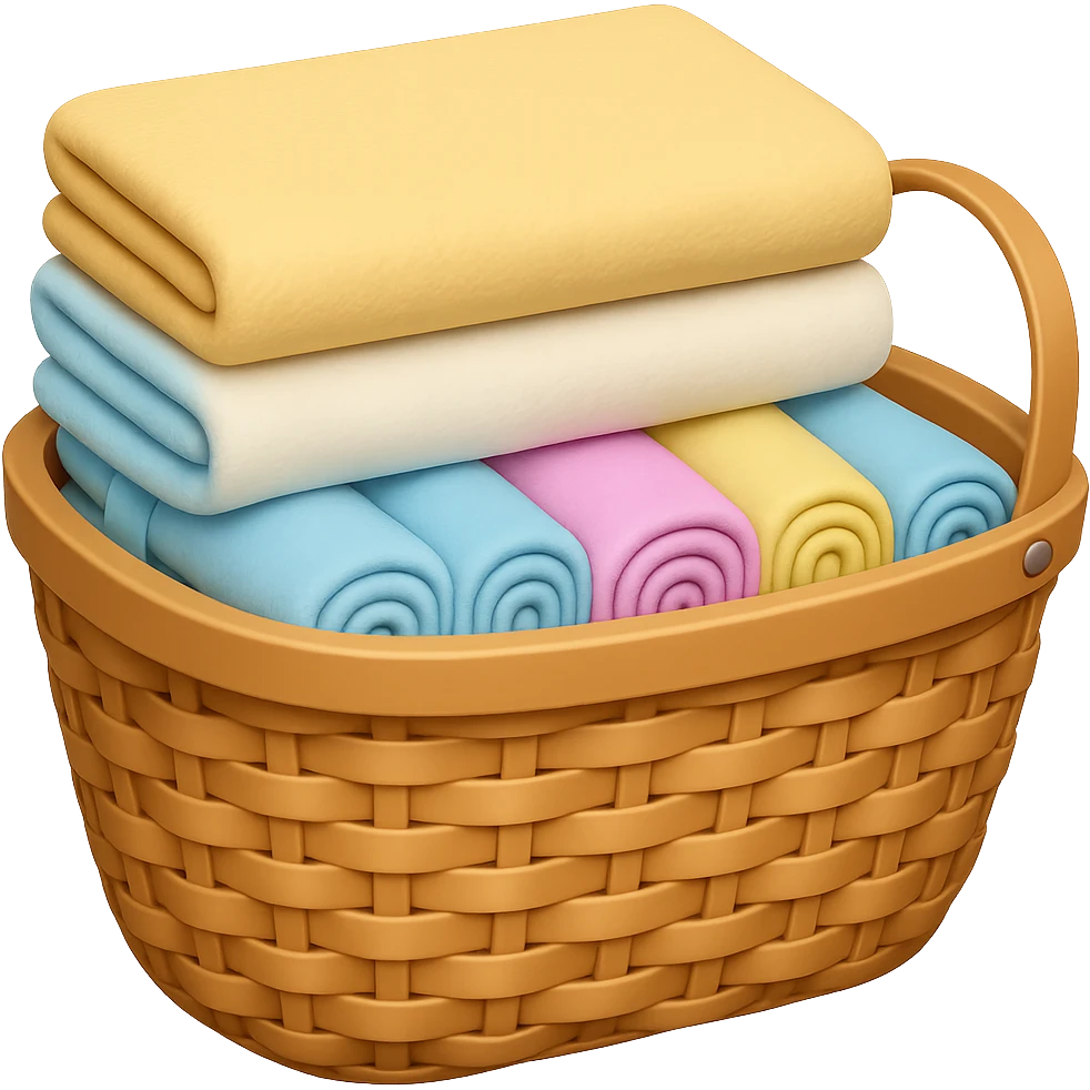 Add folded towels on top of the pastel socks and towels in the wicker basket in emoji style, no background. emoji