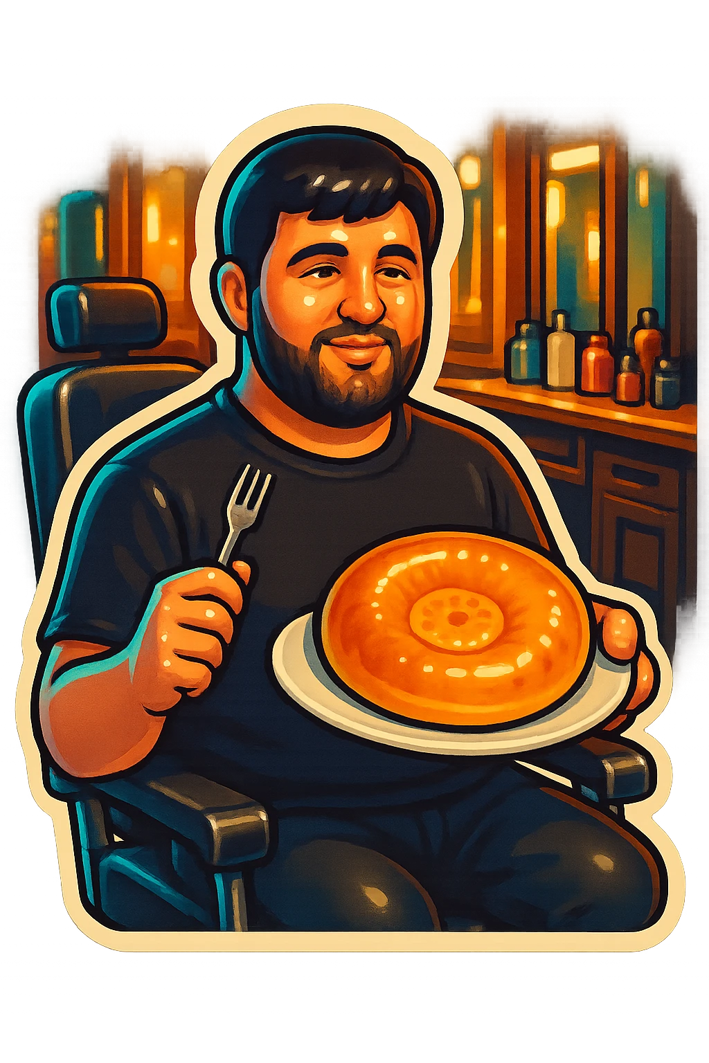 "A man wearing a black shirt is sitting calmly in a modern barbershop chair, inside a stylish barbershop with wooden and black interior. The man is holding a white plate with a traditional Uzbek round bread (non) on it, and a fork in his other hand. The atmosphere is warm and softly lit, with mirrors and hair products visible in the background. The scene feels relaxed, cozy, and humorous due to the unusual setting of eating bread in a barbershop. emoji