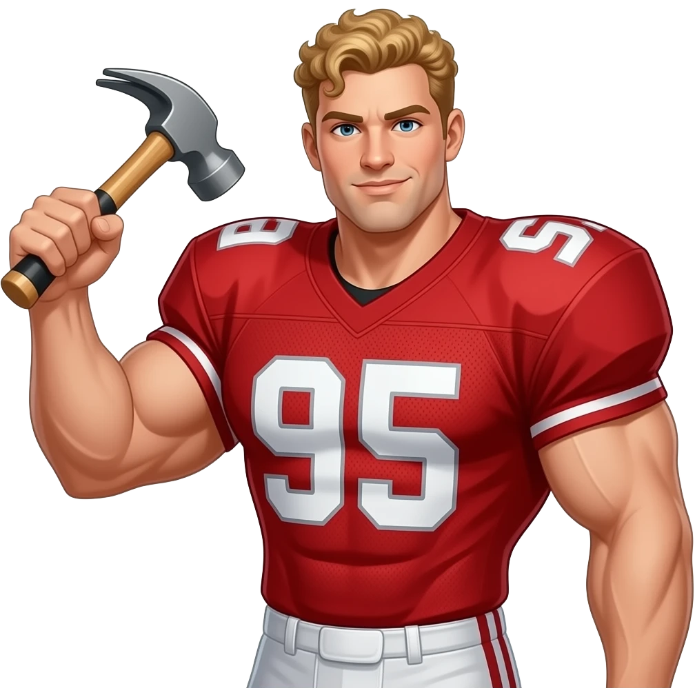 Muscle man with curly blonde hair big boobs holding hammer wearing red football jersey number 9.5 emoji