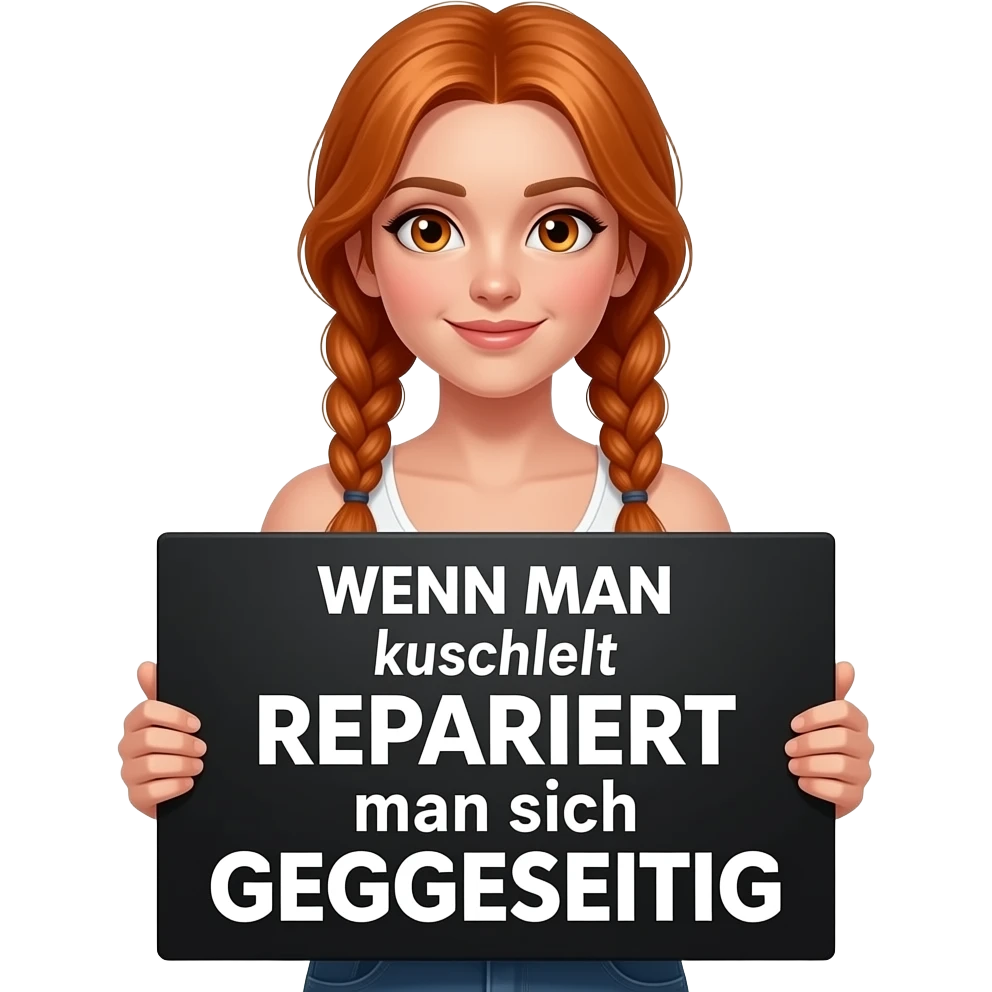 sexy girl with long ginger braids and ginger eyes wearing a white tanktop is holding a big black sign with WENN MAN kuschelt REPARIERT man sich GEGENSEITIG written on it emoji