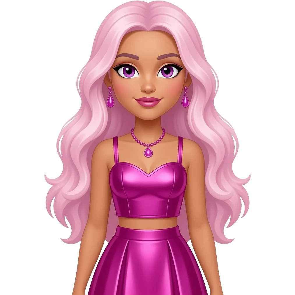 Bella Parker from Rainbow High with purple eyes, long light pink hair, hot pink metallic sweetheart crop top and long skirt, hot pink necklace and earrings emoji