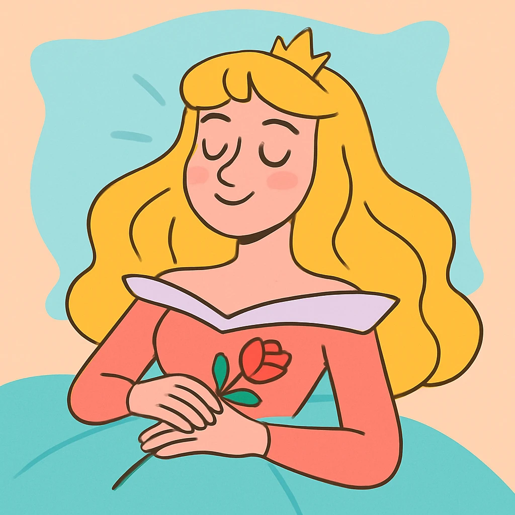 Sleeping Beauty in a modern cartoon style, pastel colors, closed eyes, peaceful smile, simple background emoji