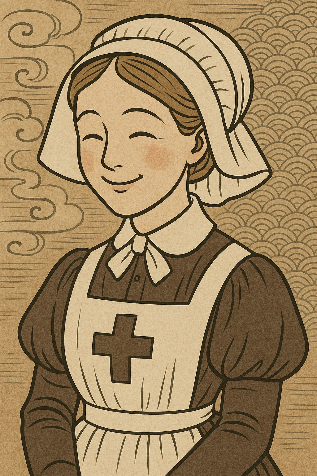 a smiling Victorian nurse with a bonnet, ukiyo-e style emoji