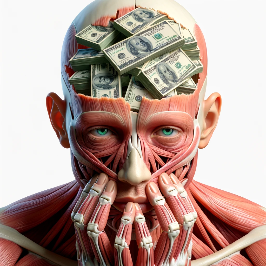 corpo umano anatomico sereno e felice con una montagna di banconote davanti al viso, espressione stupita, iperrealistica 4k, isolato su sfondo bianco emoji