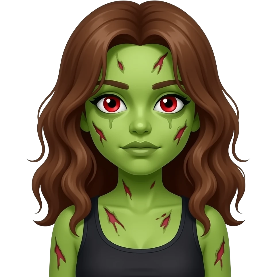 uma menina zumbi de pele verde e estragada com cabelo grande, marrom e ondulado e olhos vermelhos e regata preta emoji