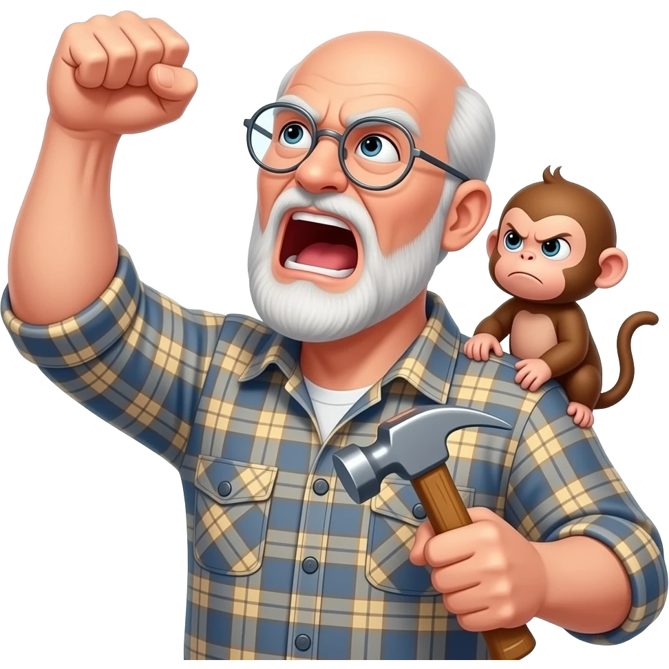 Angry old man with a plaid shirt with silver round glasses balding, no beard or mustache yelling at the sky and shaking his fist angrily at the sky holding a hammer in his LEFT hand and a angry baby monkey on his shoulder. emoji