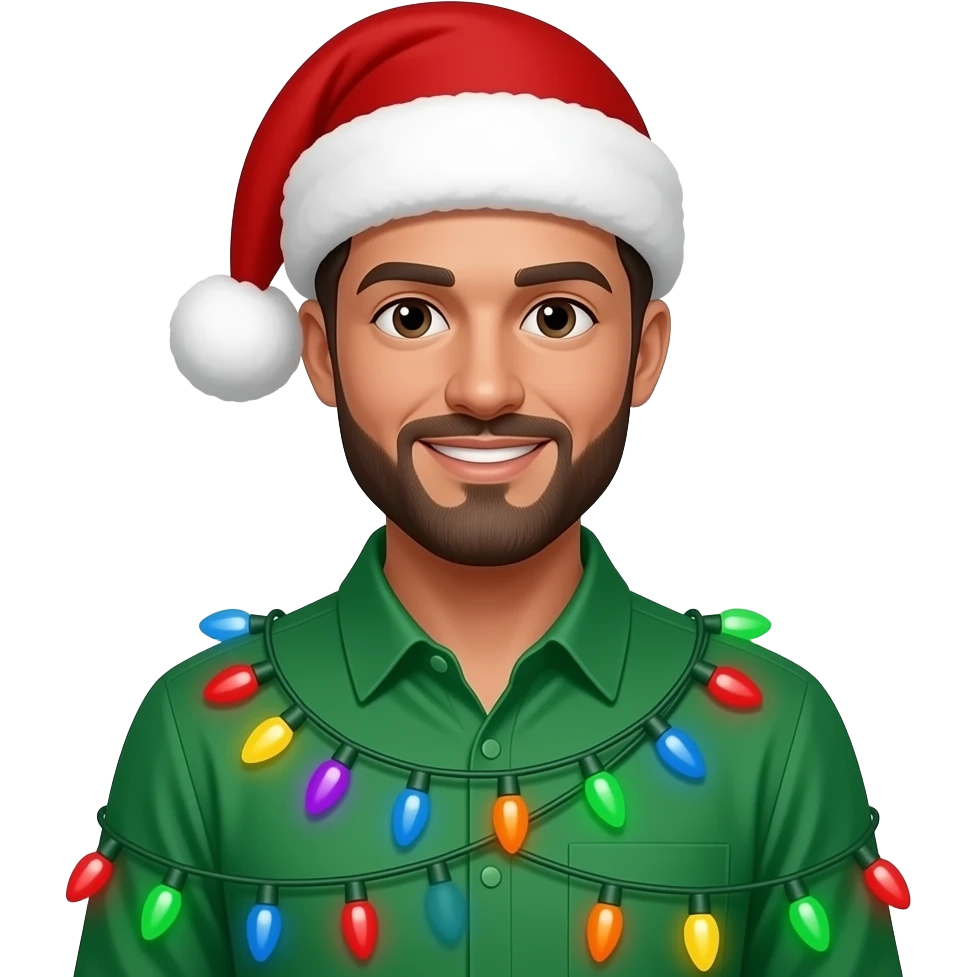 man wear christams dress with green shirt and add multi colors of christamazs light in his shirt emoji
