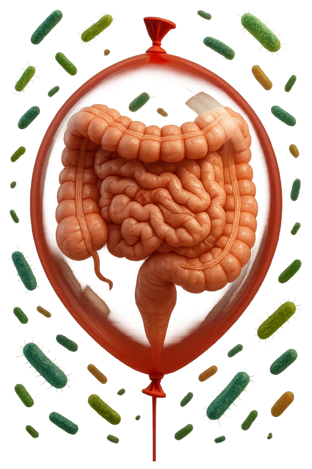 intestino umano anatomico chiuso in un palloncino rosso con batteri intestinali che fluttuano intorno, iperrealistico 4k emoji