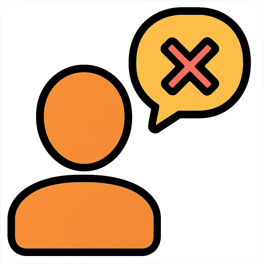 Disengaged user silhouette with a crossed-out chat bubble, orange and black outline, transparent background, lineal color icon with black outlines style. emoji