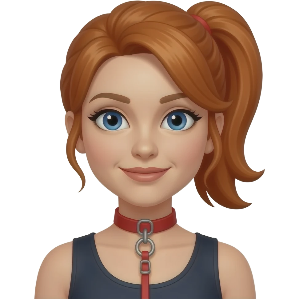red hair in ponytail blue eyed woman in her 30's in red collar and leash, emoji