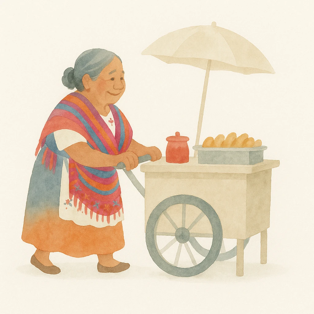 old Mexican lady pushing a food cart, warm and friendly, traditional dress, vibrant colors, street vendor, detailed, no text, watercolor art style emoji
