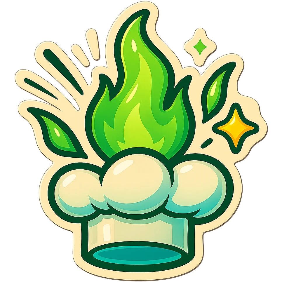 chef's hat explode with trails of fires, emoji, playful, magic flame green gradient, vibrant, flame matching style reference file emoji