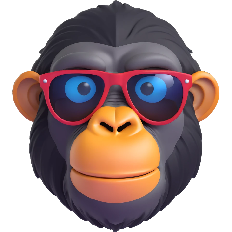 3D emoji style chimpanzee face, wearing sunglasses, cool attitude emoji