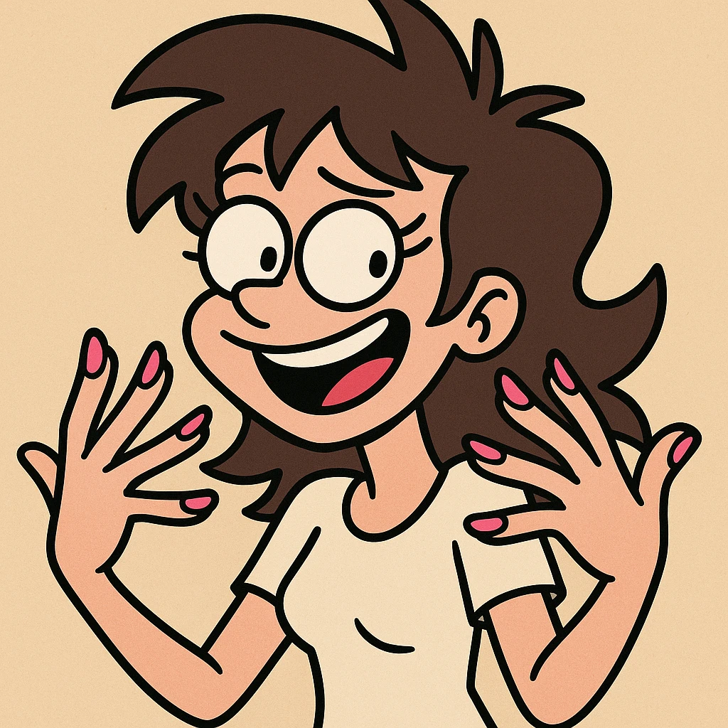 cartoon-style fingernails, bright pink polish, playful look emoji