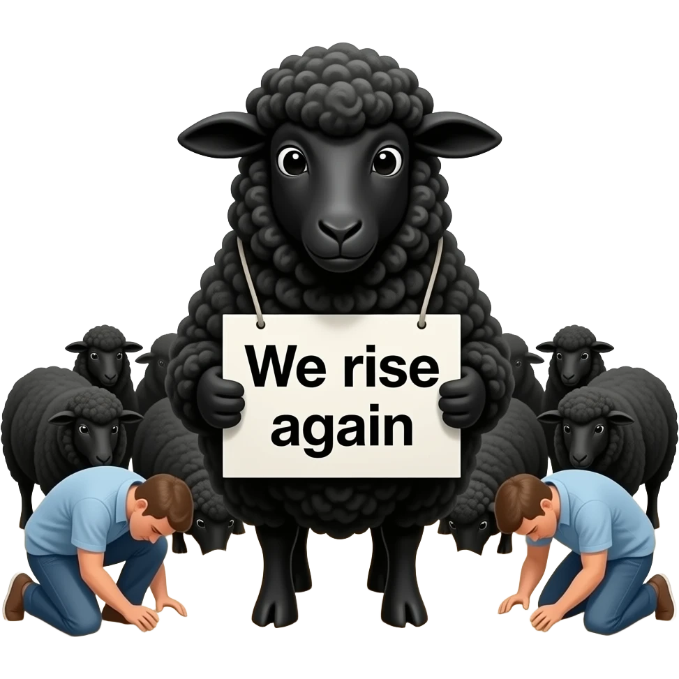 Black sheep with a sign saying “We rise again” with a black flock around the main guy. but behind the flock is people burying their heads in the sand. make the sand more noticeable emoji