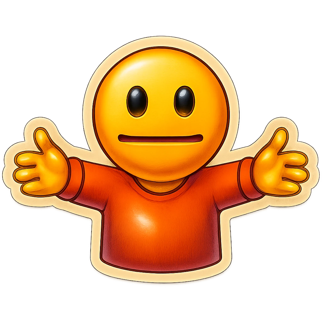 Edit the poker face emoji with arms outstretched for a hug, with a weird smile, keep the background transparent. emoji