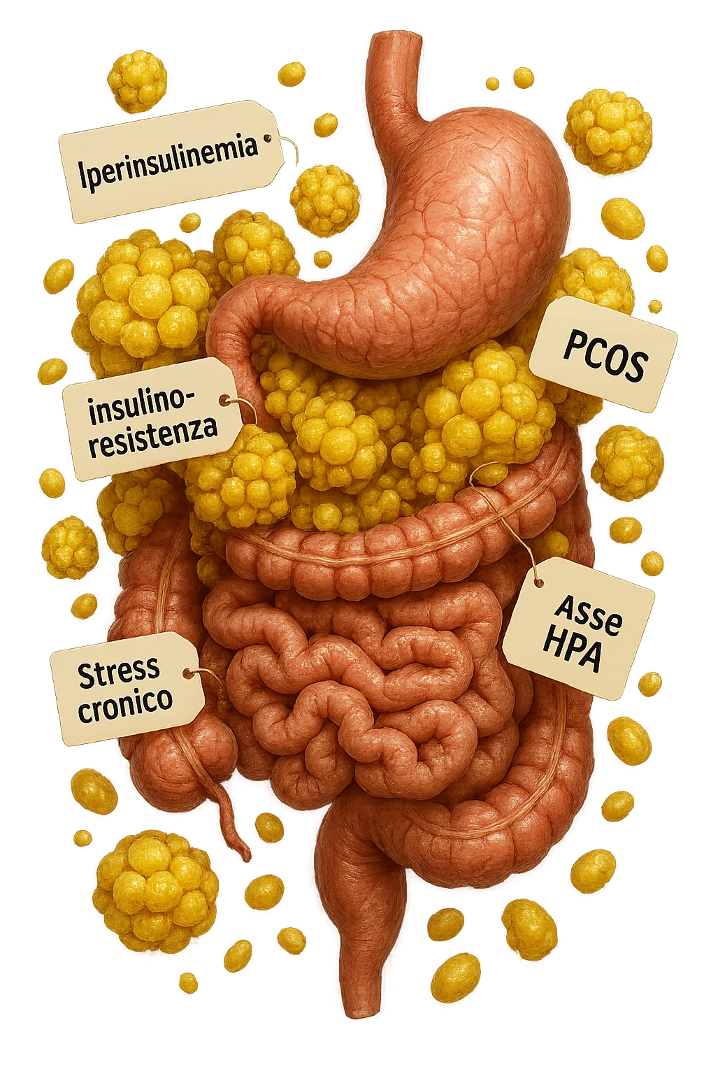 STOMACO E INTESTINO SONO VERTICALMENTE COLLEGATI E INTORNO A QUESTI ORGANI CI SONO CELLULE DI GRASSO GIALLE ATTACCATE SOPRA A GRAPPOLI, intorno fluttuano cellule di grasso giallo e alcune targhette con queste parole "Iperinsulinemia", "insulino-resistenza", "PCOS", "Stress cronico", "asse HPA", IPERREALISTICO 4K emoji