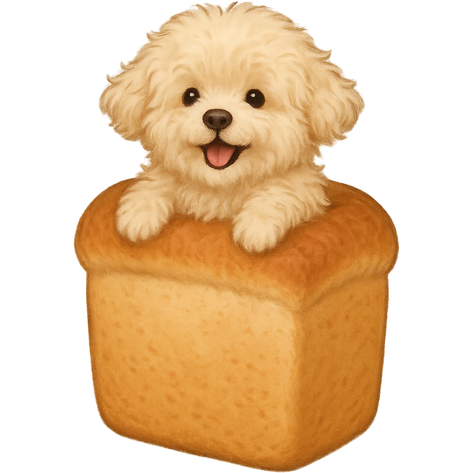 a fluffy soft fluffy dog peeking from a bread loaf, cheerful, warm beige, full-body emoji