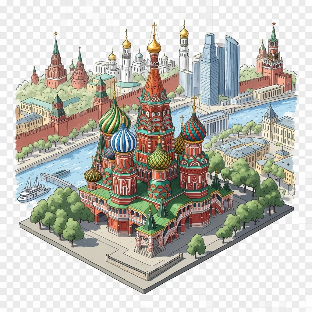 Isometric illustration of Moscow, featuring photorealistic Saint Basil's Cathedral with colorful onion domes, hand-drawn painterly details transparent background emoji