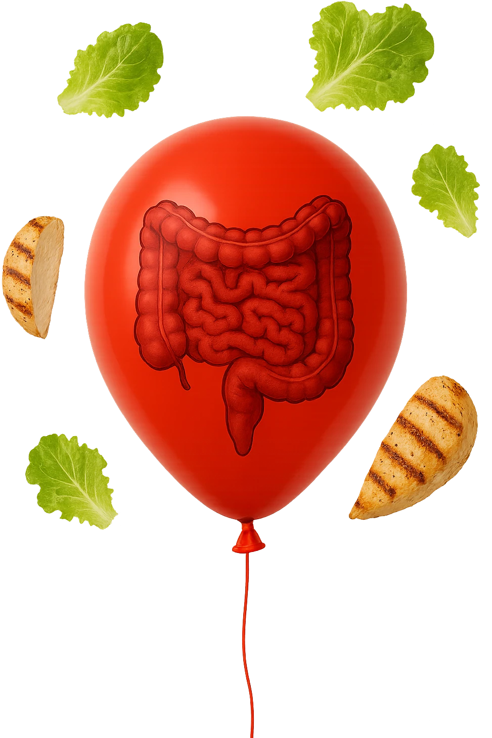 intestino chiuso in un palloncino rosso e foglie di insalata e petto di pollo grigliato che fluttuano intorno emoji