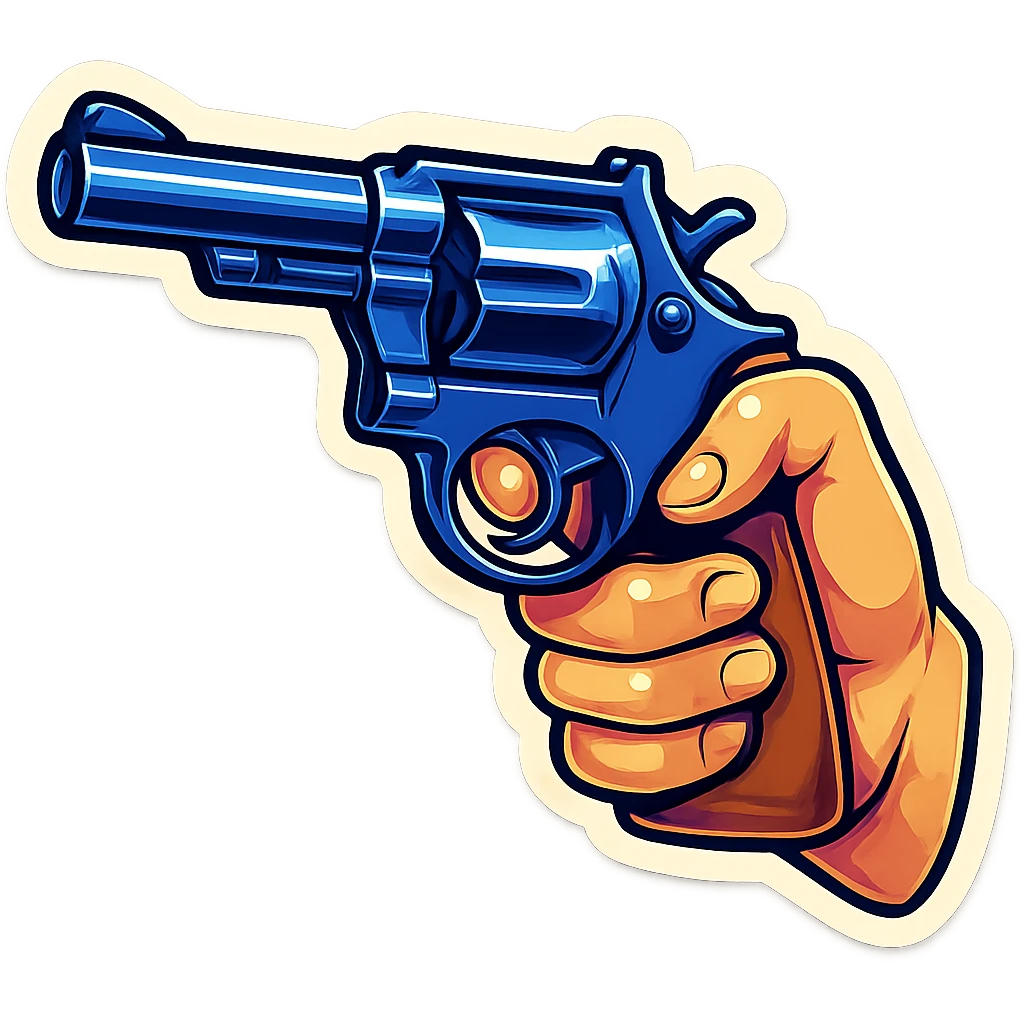 male hand holding a pistol revolver, retro stickers style, sharp black outlines, clear shadows and highlights, no gradients emoji