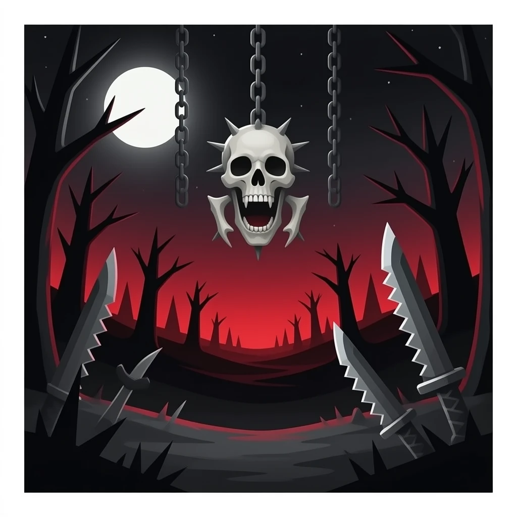 Chained Hanging, bones, teeth, spikes, barbed wire, blades edgy gothic black red silvery grey cool steel greyish dusky cold emoji