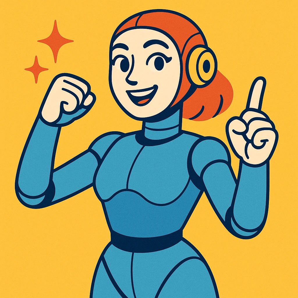inspirierende weibliche Roboterfigur mit menschlichen Zügen, die Mitarbeitende motiviert und im HR-Kontext Mut macht, freundlicher moderner Stil emoji