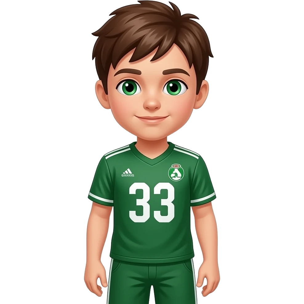 Un niño con un jersey verde, su cara es normal i su nariz también, ojos de color verde pantalones también verdes i el pelo de color marron i que el jersey se a cani emoji